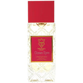Perfume bottle with red and gold packaging on a white background