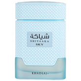 Shiyaaka Sky fragrance bottle by KhadlaJ, featuring a textured light blue cap and body with a frosted light blue base, and Arabic text on the front label.