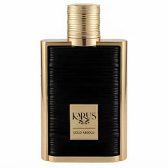 A bottle of Karus Crèche Gold Absolu perfume, featuring a textured black rectangular bottle with polished gold metallic borders and a matching gold cap, set against a plain white background.