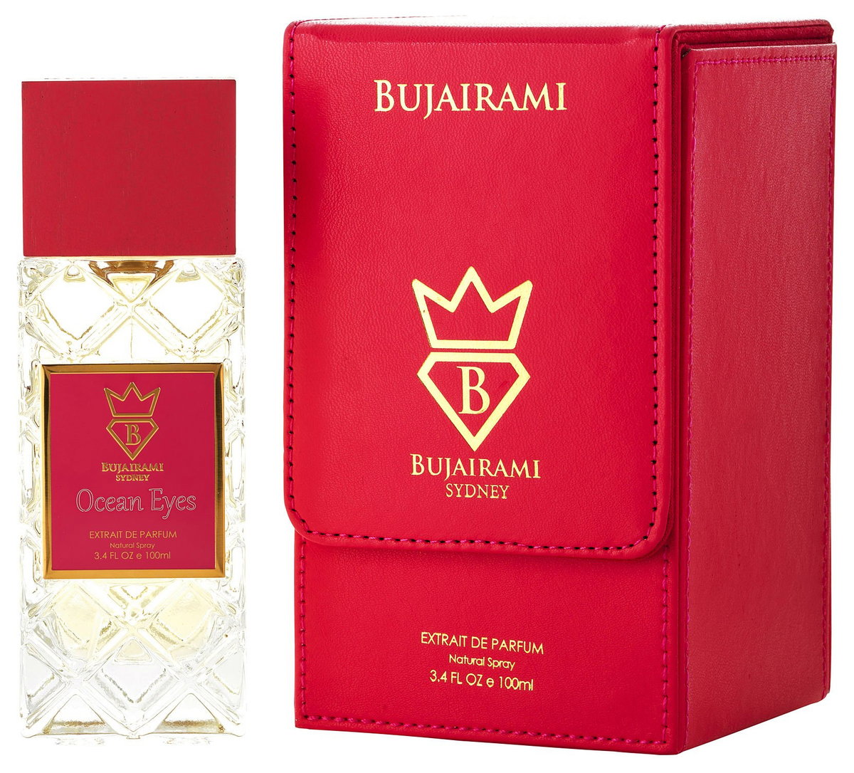 Bujairami Ocean Eyes extrait de parfum bottle next to its red leather box packaging, featuring gold lettering and a crown logo.