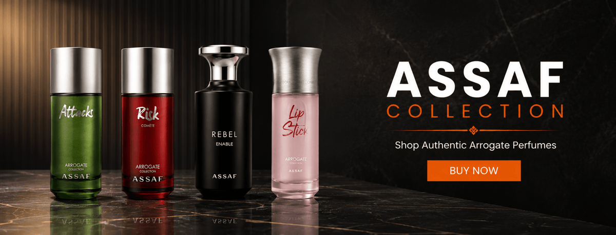 Four Assaf perfume bottles displayed on a dark reflective surface with promotional text on the right. The bottles include green, red, black, and pink designs with silver caps, under the heading 'ASSAF COLLECTION'.