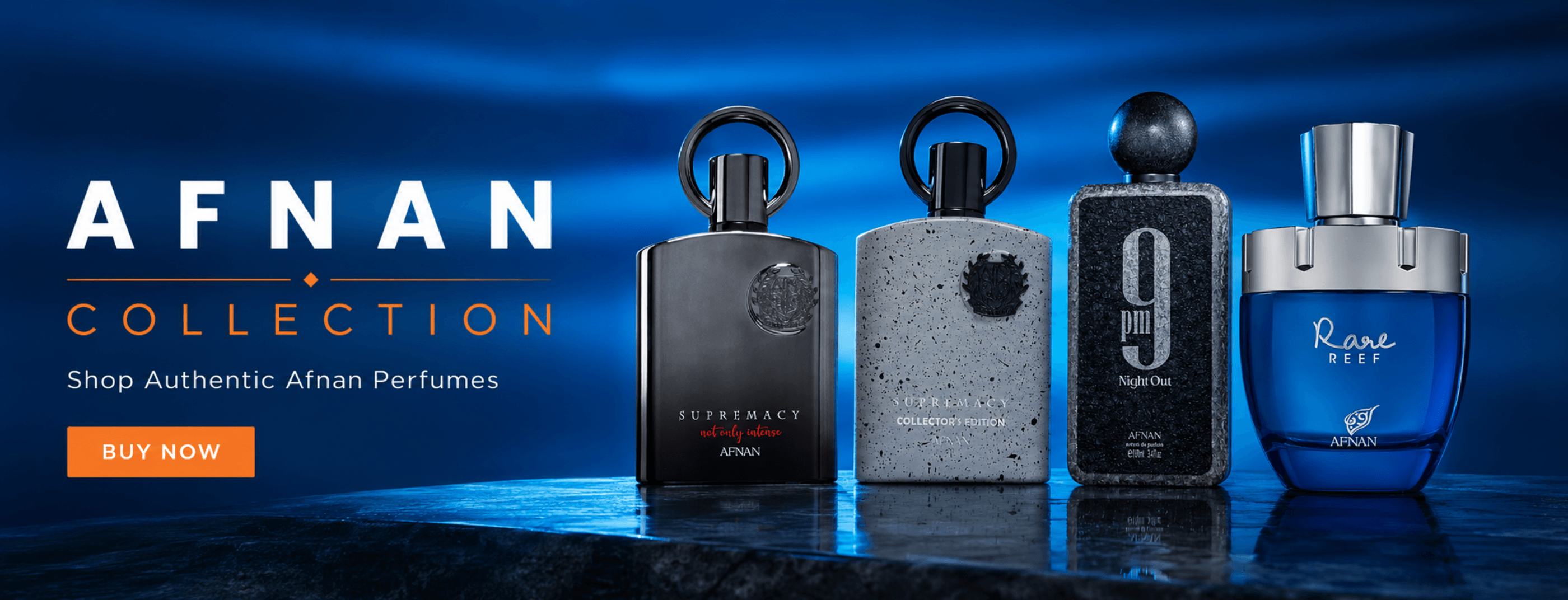 A promotional banner for the AFNAN Collection featuring four different men's perfume bottles against a dark blue background with a 'BUY NOW' button on the left.