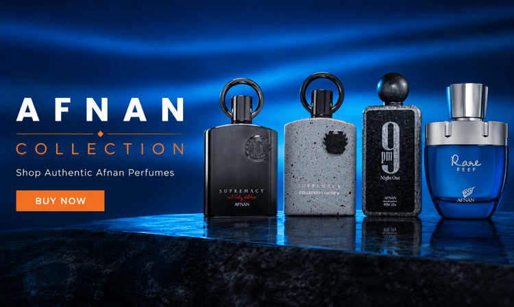 Four Afnan perfume bottles displayed against a dark blue gradient background with promotional text reading 'AFNAN COLLECTION' and a bright orange 'BUY NOW' button. The bottles include black, speckled gray, black textured, and blue glass designs.