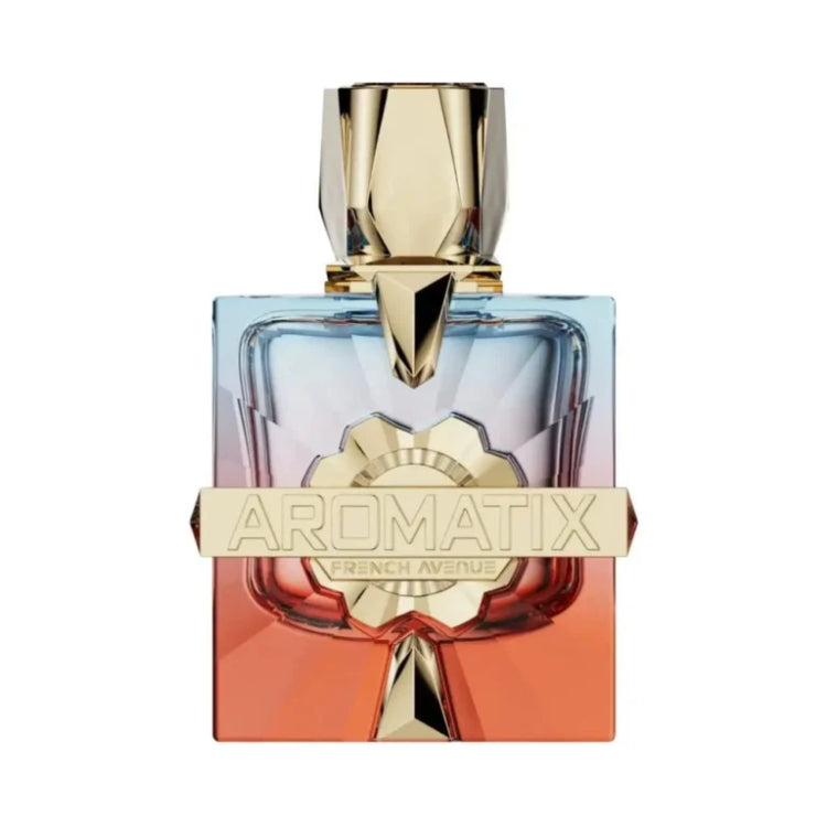Perfume bottle with gold cap and colorful design on a white background