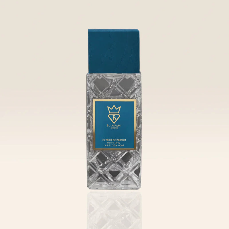 Perfume bottle with decorative design on a beige background