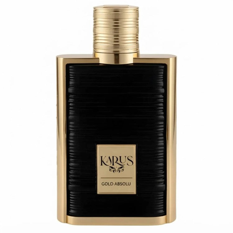 A bottle of Karus Crèche Gold Absolu perfume, featuring a textured black rectangular bottle with polished gold metallic borders and a matching gold cap, set against a plain white background.