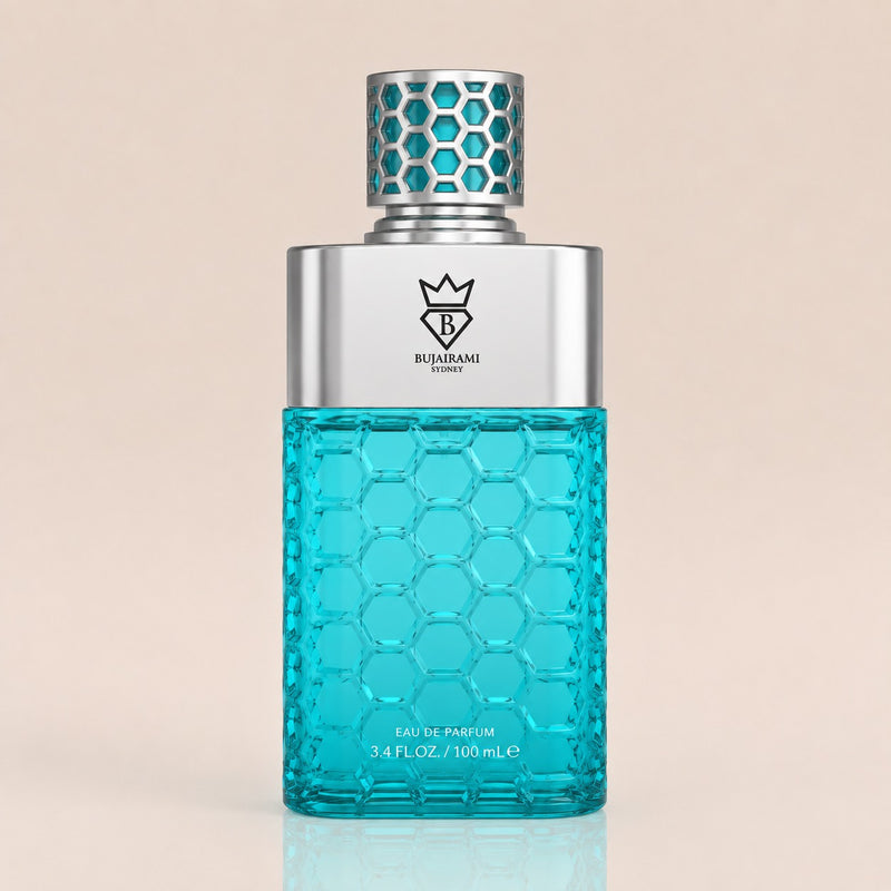 A 100 mL bottle of Bukrami Skincare Eau de Parfum with a textured turquoise blue body and a silver cap, set against a solid beige background.